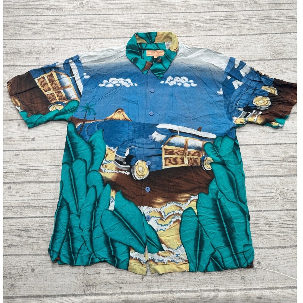Vintage 90s Hawaiian Cruz Shirt Men's Large Blue Classic Car Short Sleeve